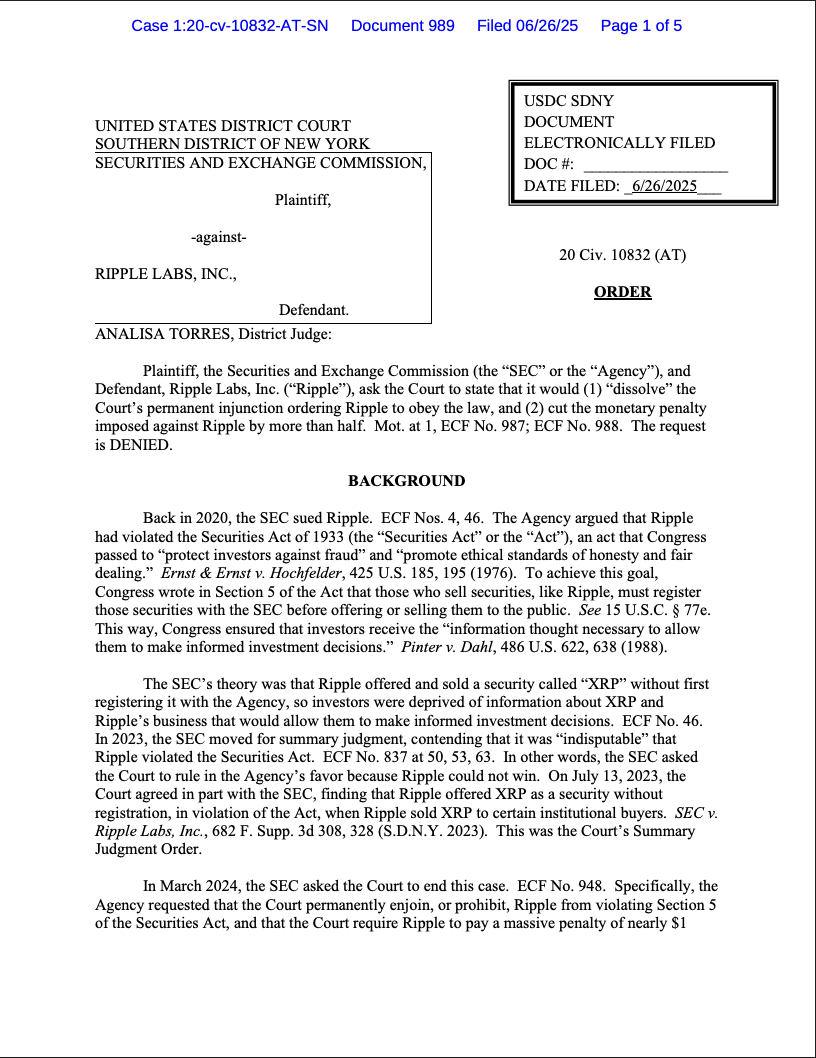 美国法官驳回Ripple与SEC和解请求 维持1.25亿美元加密货币罚款裁决