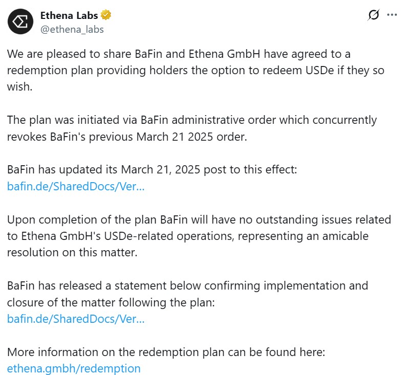 Ethena Labs与BaFin达成协议