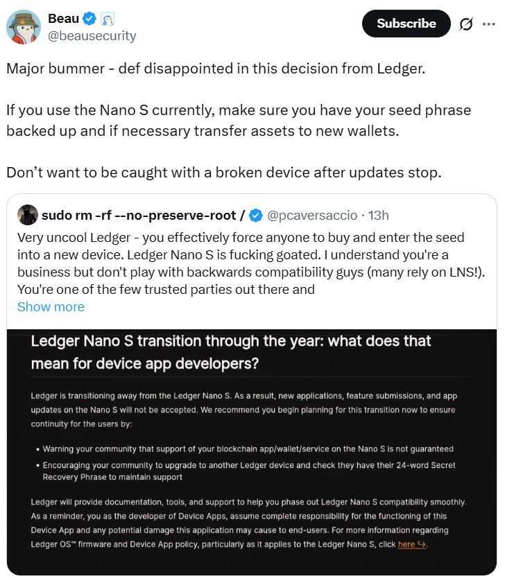 "Ledger淘汰Nano S引发用户不满：老牌硬件钱包将退出市场"