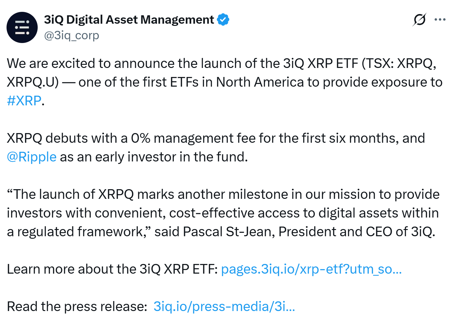 "3iQ在多伦多证券交易所推出XRP ETF：Ripple作为战略投资者参与"