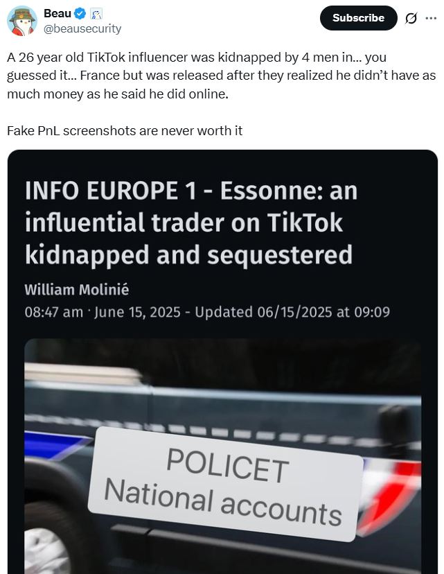 TikTok加密货币交易员因身无分文被绑架者释放 真实经历曝光