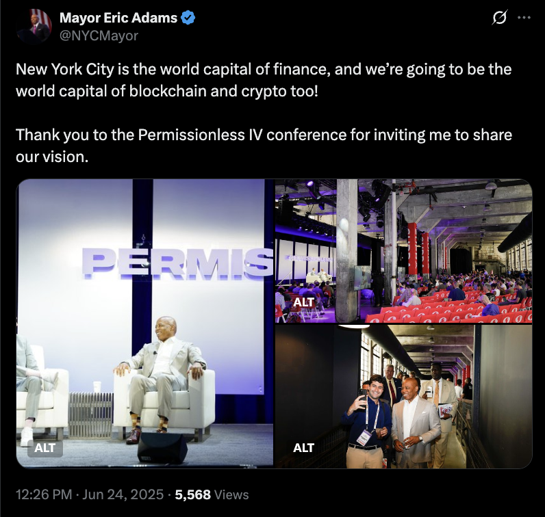 纽约市长Eric Adams在Permissionless会议发言