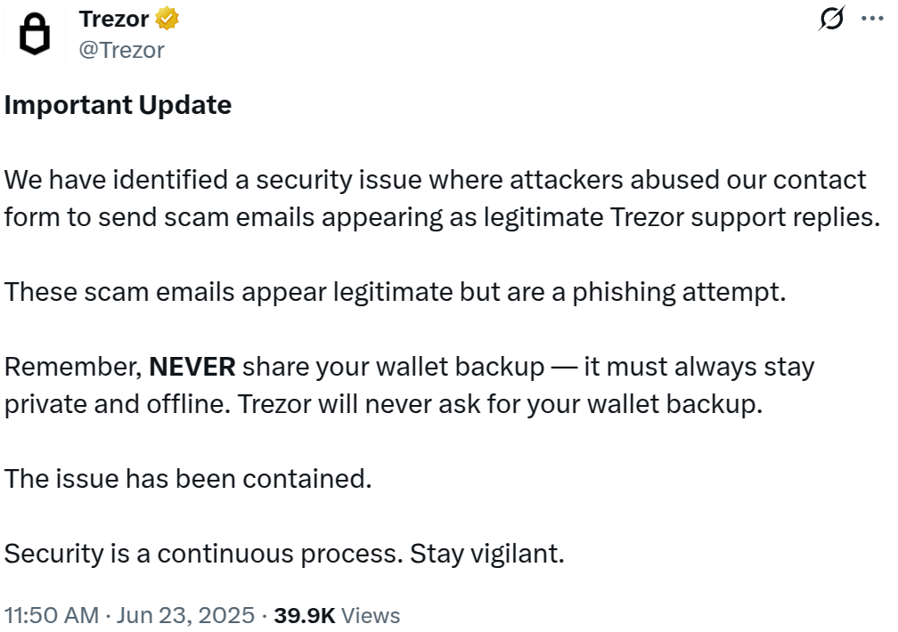 Trezor硬件钱包用户警惕：如何识别仿冒客户支持的钓鱼邮件