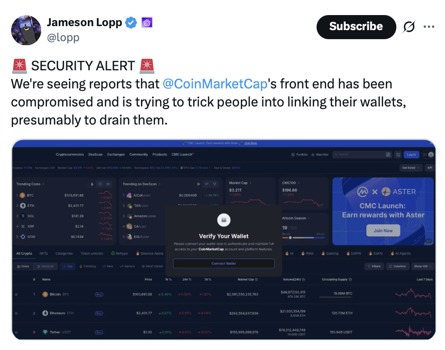 CoinMarketCap发现并移除恶意钱包验证弹窗 安全调查持续进行中