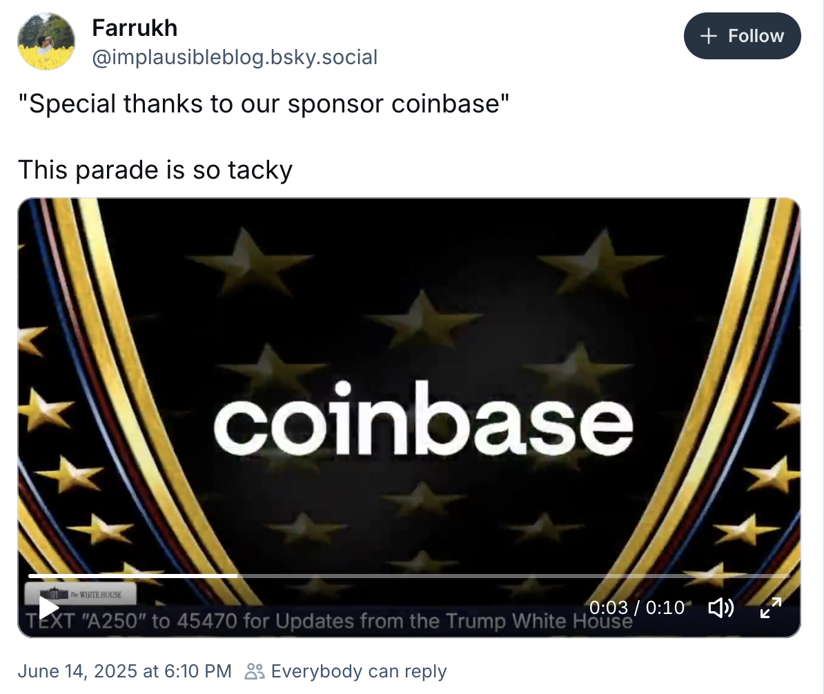 Coinbase支持美军阅兵引发争议 加密货币交易所遭强烈批评