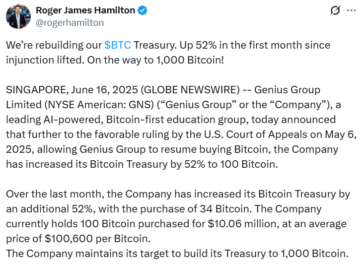 Genius Group比特币储备激增52% 坚定迈向1000枚BTC持有目标