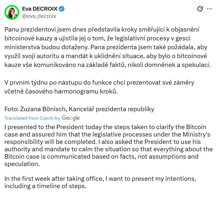 捷克政府因4500万美元比特币(BTC)腐败案面临议会不信任投票危机