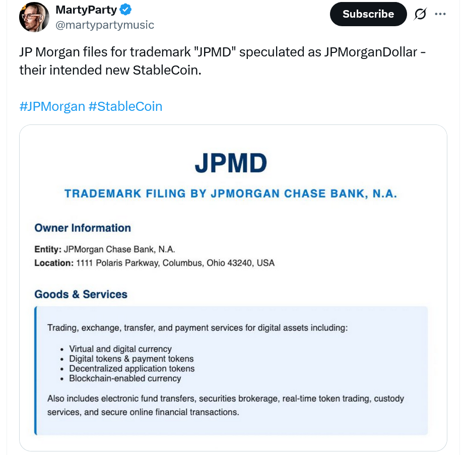 摩根大通申请JPMD商标布局加密支付服务 或将推出数字资产解决方案