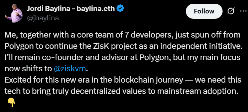 ZisK从Polygon独立：原Polygon zkEVM核心团队打造的新区块链项目