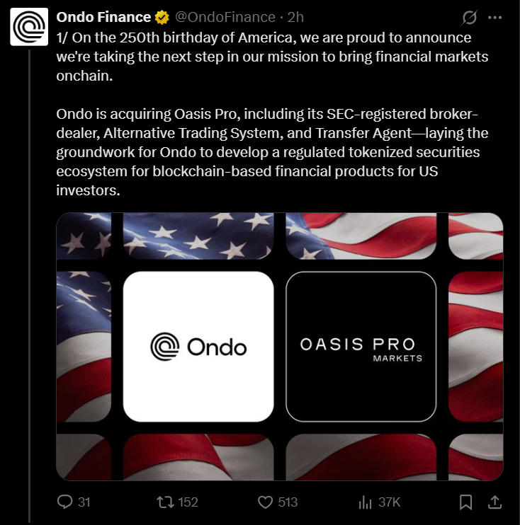 Ondo Finance收购SEC注册经纪交易商，加速布局代币化证券市场
