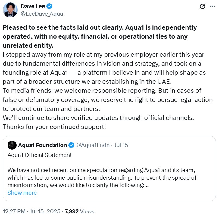 Aqua1投资者WLF避谈Web3Port关联 关键问题未正面回应