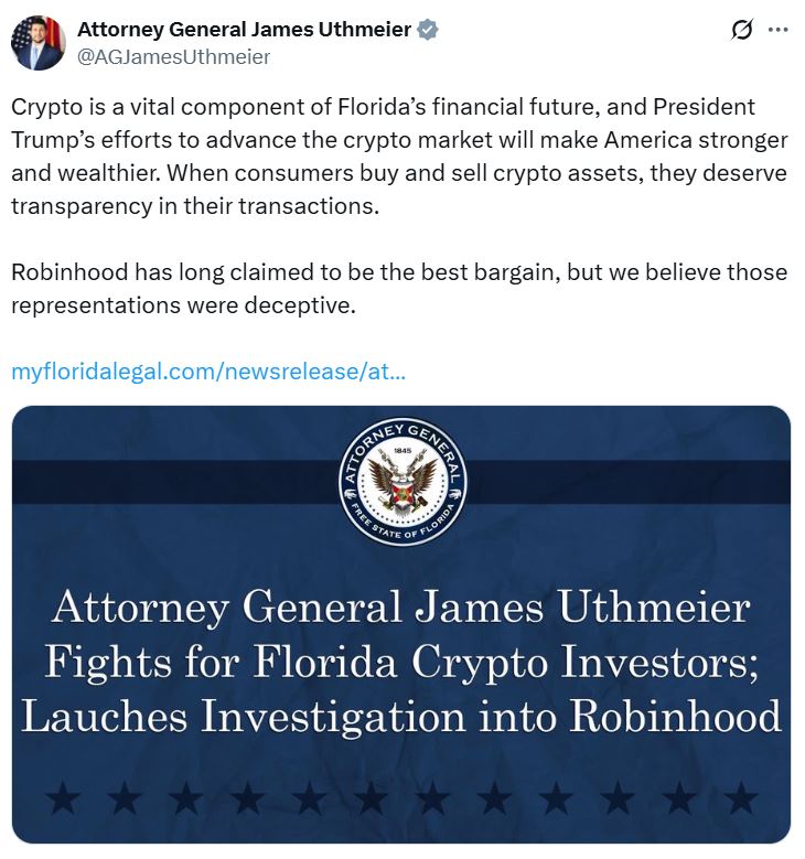 Robinhood加密货币推广涉嫌欺骗遭佛罗里达州调查 - 监管风险警示