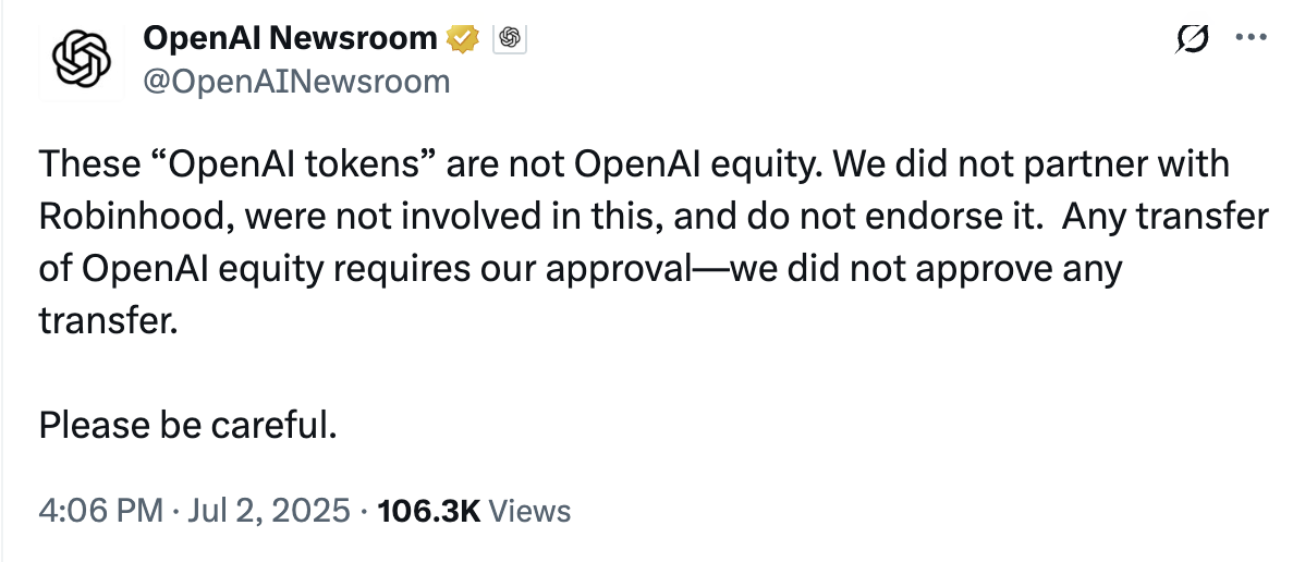 OpenAI澄清：Robinhood代币化股票不具公司股权属性 | 区块链投资指南