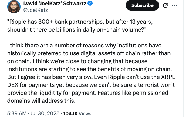 Ripple CTO Schwartz解释XRPL低成交量原因：银行结算主要在链下进行