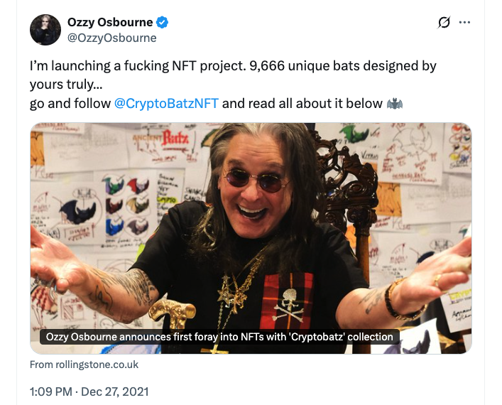 Ozzy Osbourne NFT Collection CryptoBatz Surges 400% Following Rock Legend's Death