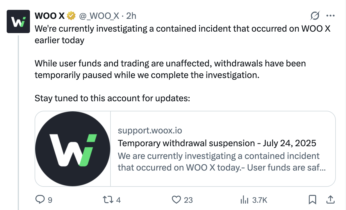 WOO X交易平台因1400万美元安全漏洞暂停提现 用户资金安全引关注