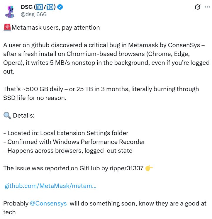 MetaMask固态硬盘Bug修复方案即将发布，解决SSD损坏问题