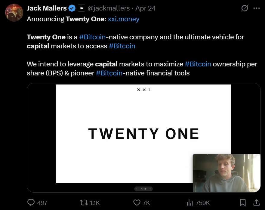 Twenty One Capital Holds More Bitcoin (BTC) Reserves Than Initially Expected