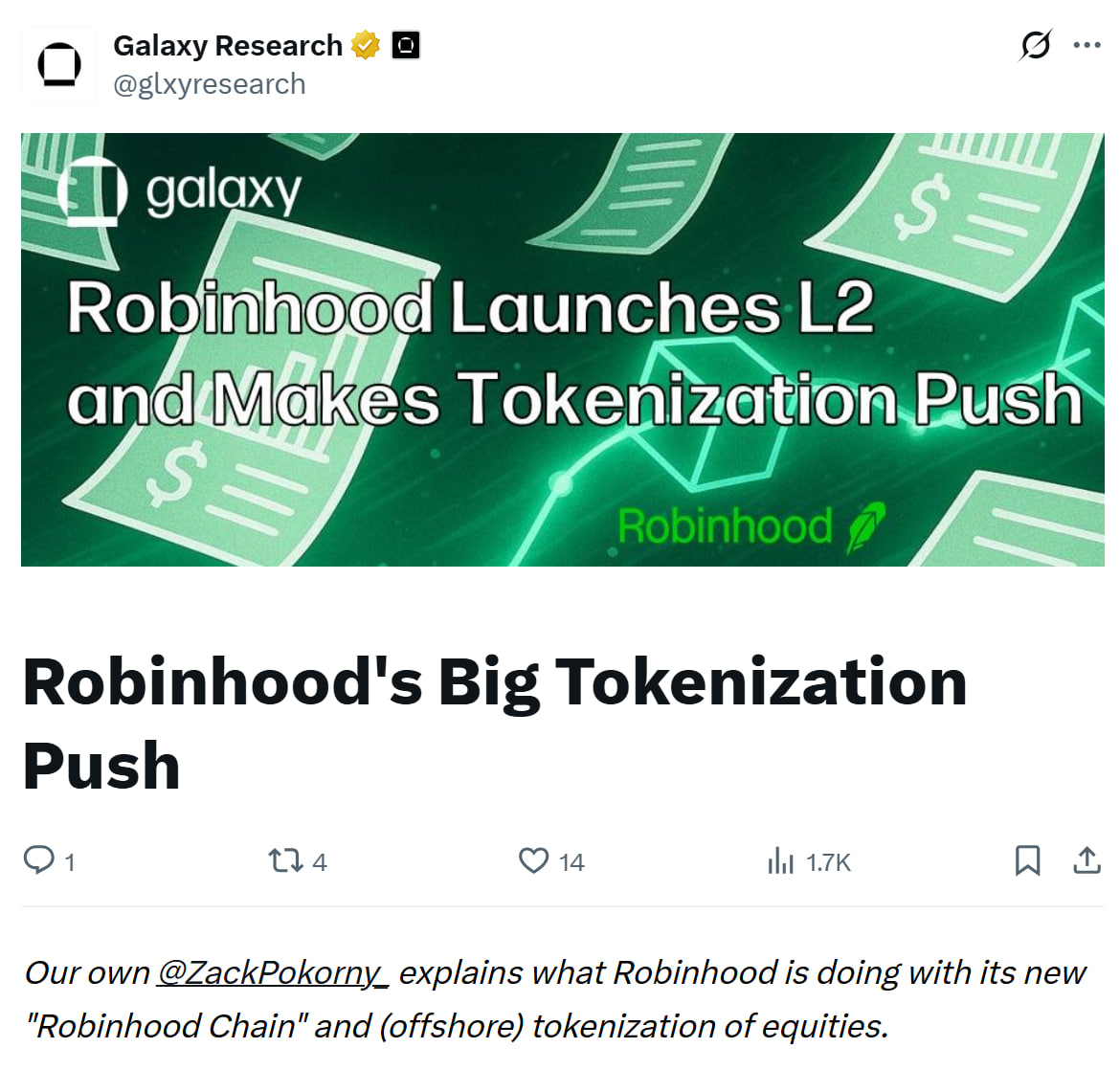 Galaxy Digital：Robinhood代币化战略或冲击纽交所(NYSE)收入模式