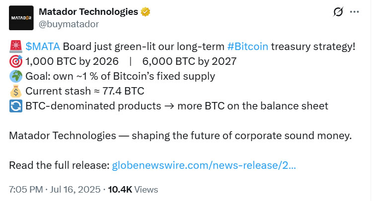 加拿大比特币公司Matador计划2027年前增持6000枚BTC作为战略储备
