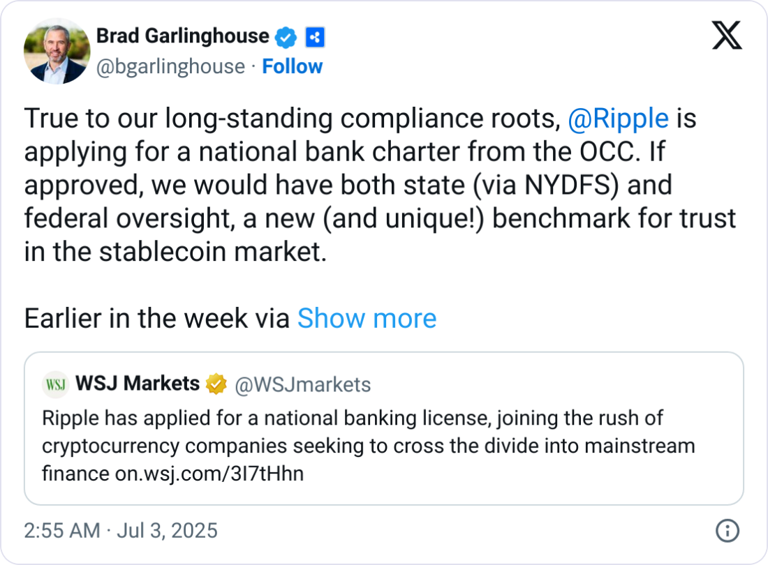 Ripple申请银行牌照公告