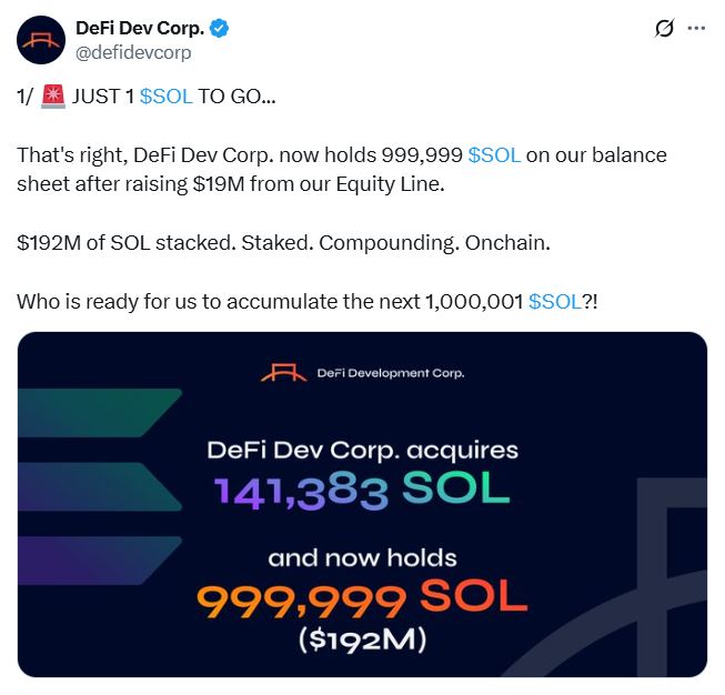 "DeFi Development Corp Holds 999,999 SOL as Solana (SOL) Price Surges 12%"