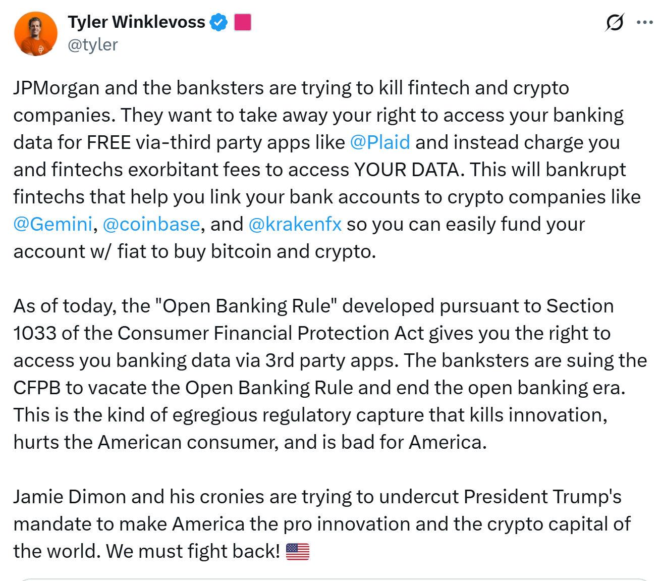 Tyler Winklevoss批评摩根大通的推文截图