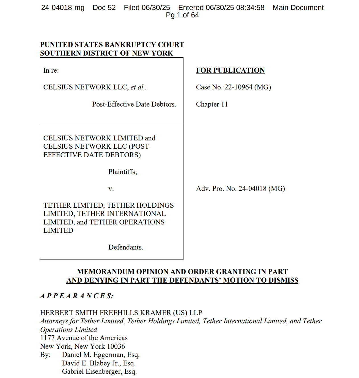 法官裁定Celsius诉Tether案继续审理 40亿美元比特币(BTC)诉讼获准推进