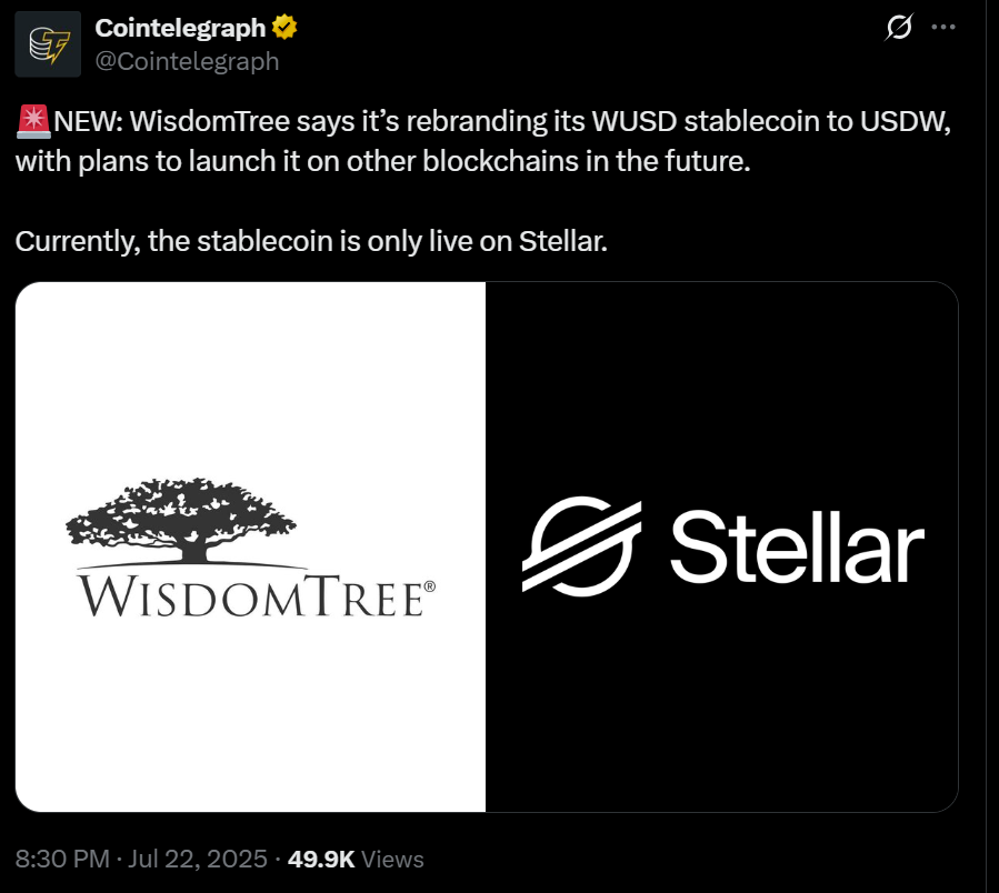 WisdomTree USDW稳定币支付代币化资产股息：投资新机遇