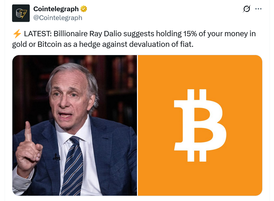 Ray Dalio推荐：在美国债务危机中配置15%资金至比特币(BTC)与黄金以对冲风险