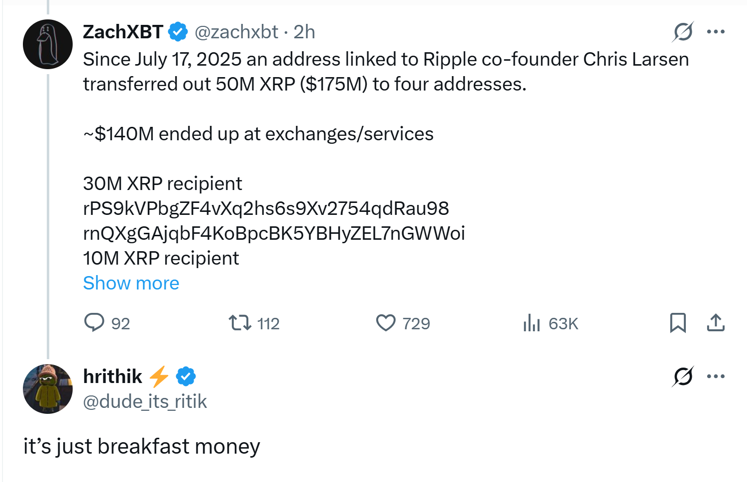 Ripple联合创始人高位抛售1.75亿枚XRP引发争议：瑞波币大规模转移事件解析