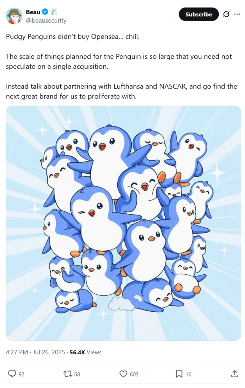 Pudgy Penguins安全主管Beau否认OpenSea收购传闻