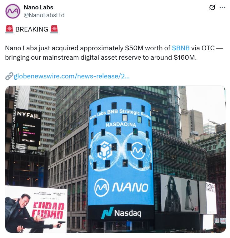 Nano Labs豪掷5000万美元购入BNB 计划囤积10%流通量引爆加密市场