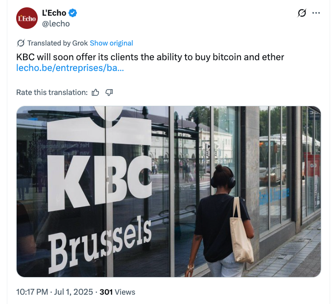 KBC银行推出比特币(BTC)和以太坊(ETH)投资服务 面向零售客户开放