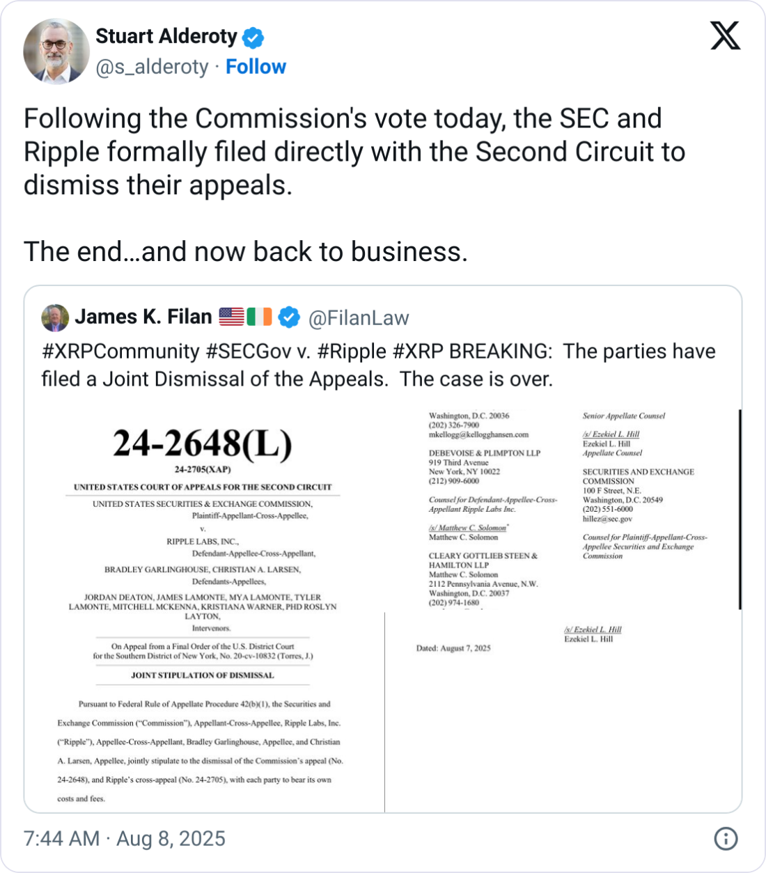SEC与Ripple诉讼达成和解：双方同意撤诉案件终落幕