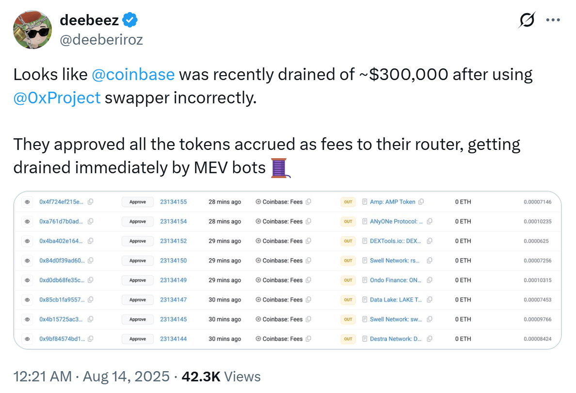 "Coinbase因0x合约漏洞损失30万美元代币手续费：一次昂贵的区块链安全教训"