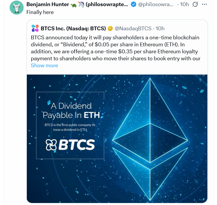 BTCS Inc推出以太坊(ETH)股息和忠诚度奖励计划 有效抵御卖空者攻击