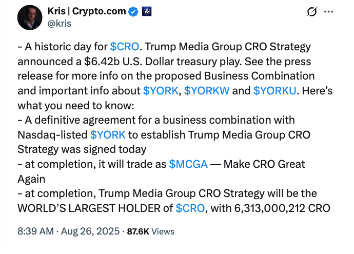 特朗普媒体科技集团与Crypto.com达成64.2亿美元合作 设立CRO财库公司