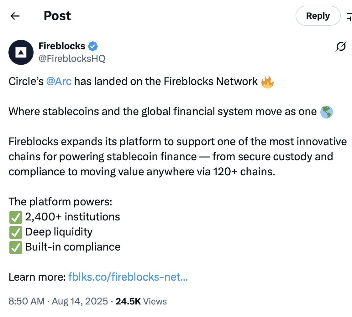 Circle的Arc区块链整合Fireblocks上线：机构投资者专属访问渠道解析