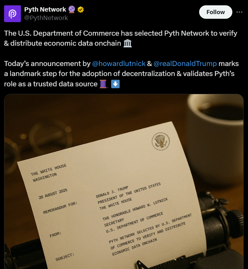 美国商务部采用Pyth Network区块链预言机验证数据，推动PYTH代币飙升70%