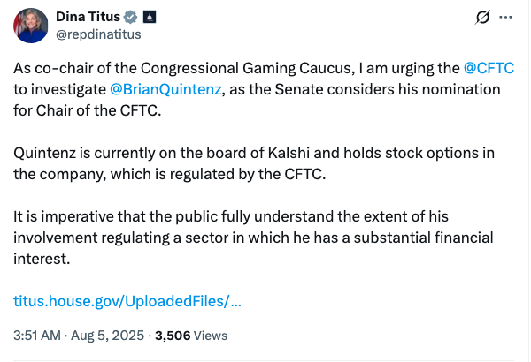 Dina Titus议员要求调查CFTC提名主席