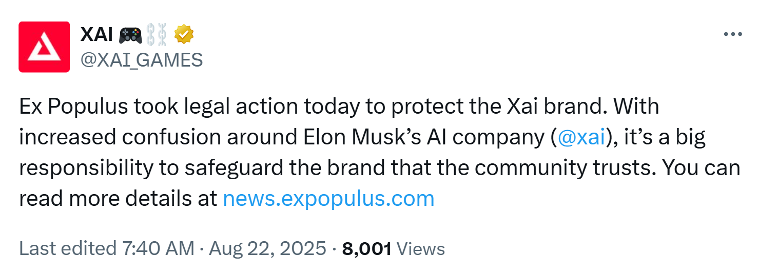 以太坊游戏网络Xai起诉马斯克xAI商标侵权，以太坊生态法律纠纷升级