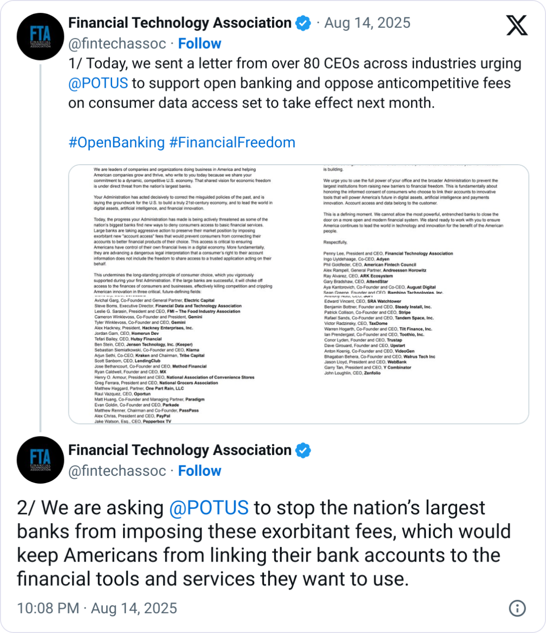 "加密货币与金融科技领袖敦促特朗普政府禁止银行收取客户数据费用"