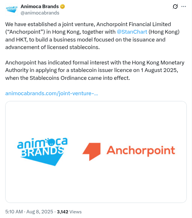 Animoca与渣打银行合作在香港成立稳定币公司 | 区块链行业动态