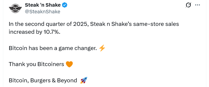 "Steak 'n Shake第二季度同店销售额飙升11% 比特币(BTC)支付推动业绩增长"