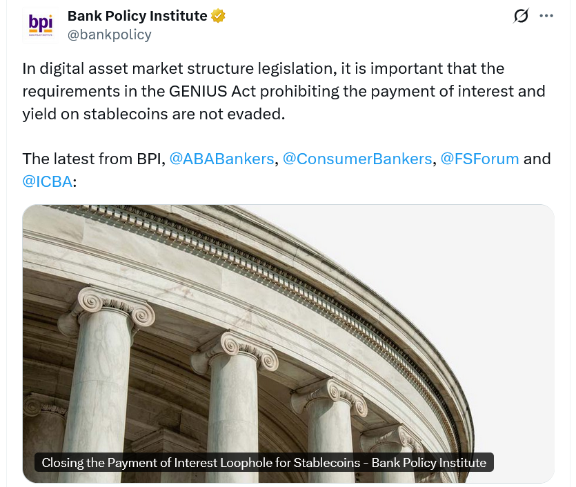 美国银行业呼吁关闭《GENIUS法案》中稳定币收益的监管漏洞 - 行业动态