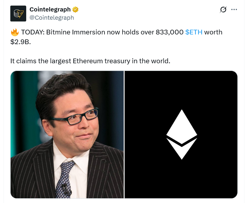 以太坊质押平台BitMine总锁仓量超30亿美元 ETH价格24小时上涨6%
