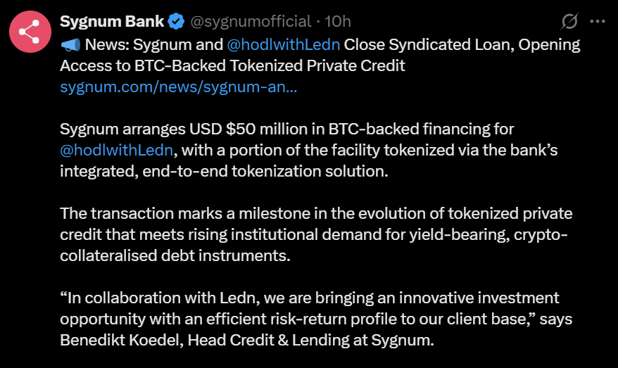 Ledn与Sygnum成功为5000万美元比特币担保贷款再融资，超额认购达两倍