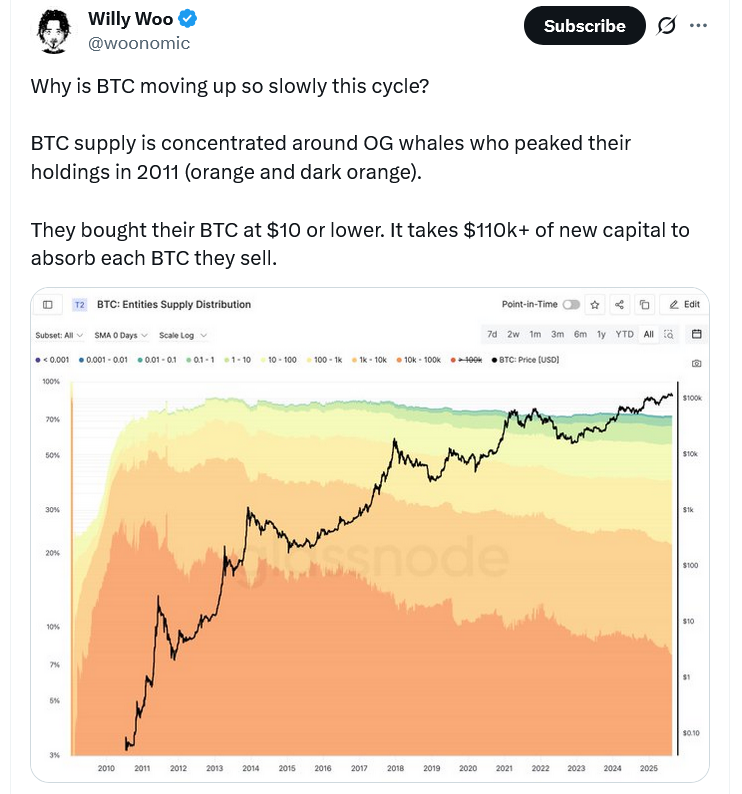 Willy Woo分析：早期巨鲸如何导致比特币（BTC）价格“痛苦上涨”｜深度解析