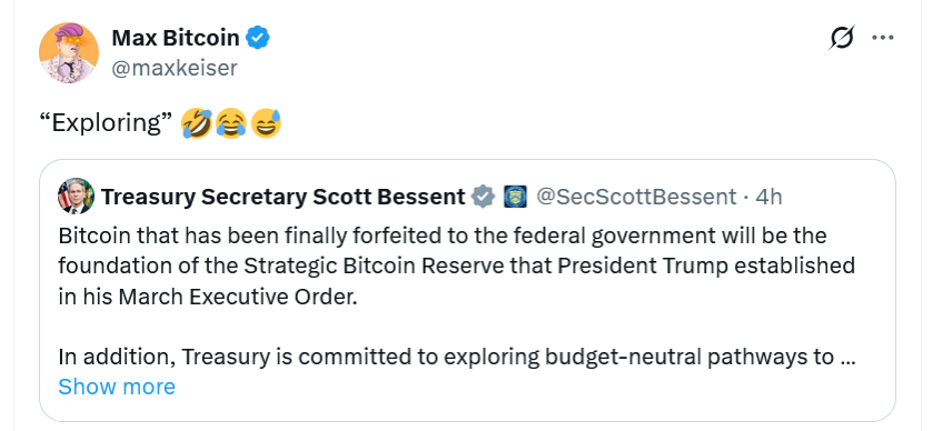 美国财长贝森特态度转变：预算中性方式购买比特币(BTC)可能性仍存